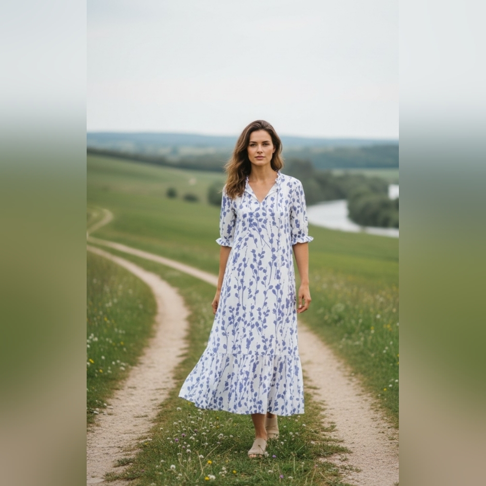 Elegant White and Blue Floral Maxi With 3 Quarter Sleeves Dress